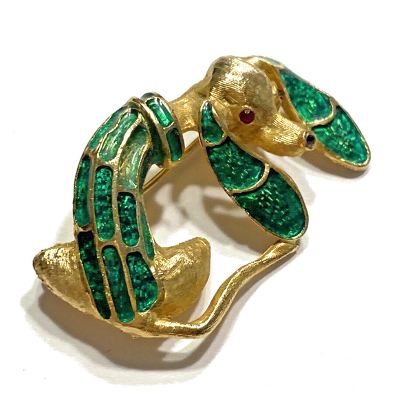 Vintage Goldtone Dog Brooch Green Enamel Finish Rhinestone Eyes Unique Puppy Pin - Picture 5 of 7